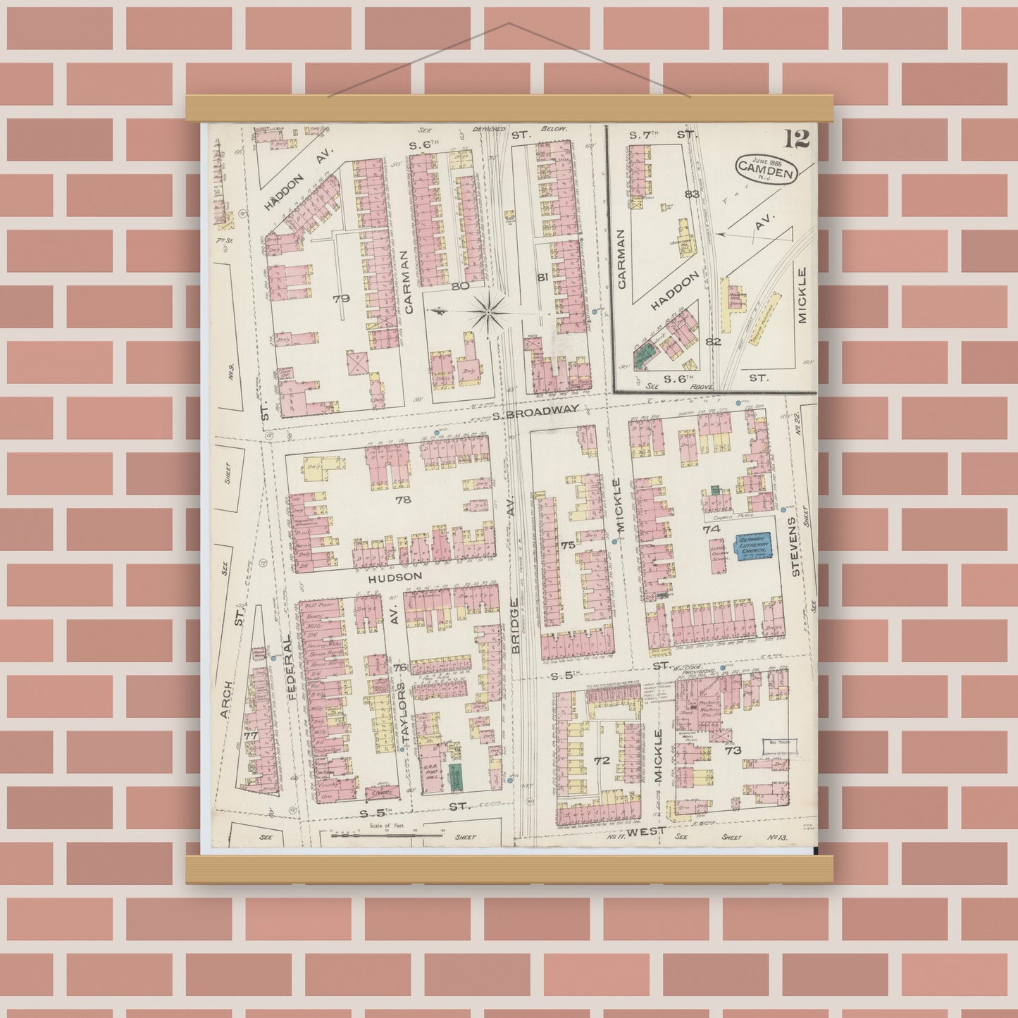Old map wall art mockup — magnetic wood frame on brick wall — Sanborn Fire Insurance Map from Camden, Camden County, New Jersey (1885), Sheet #0012