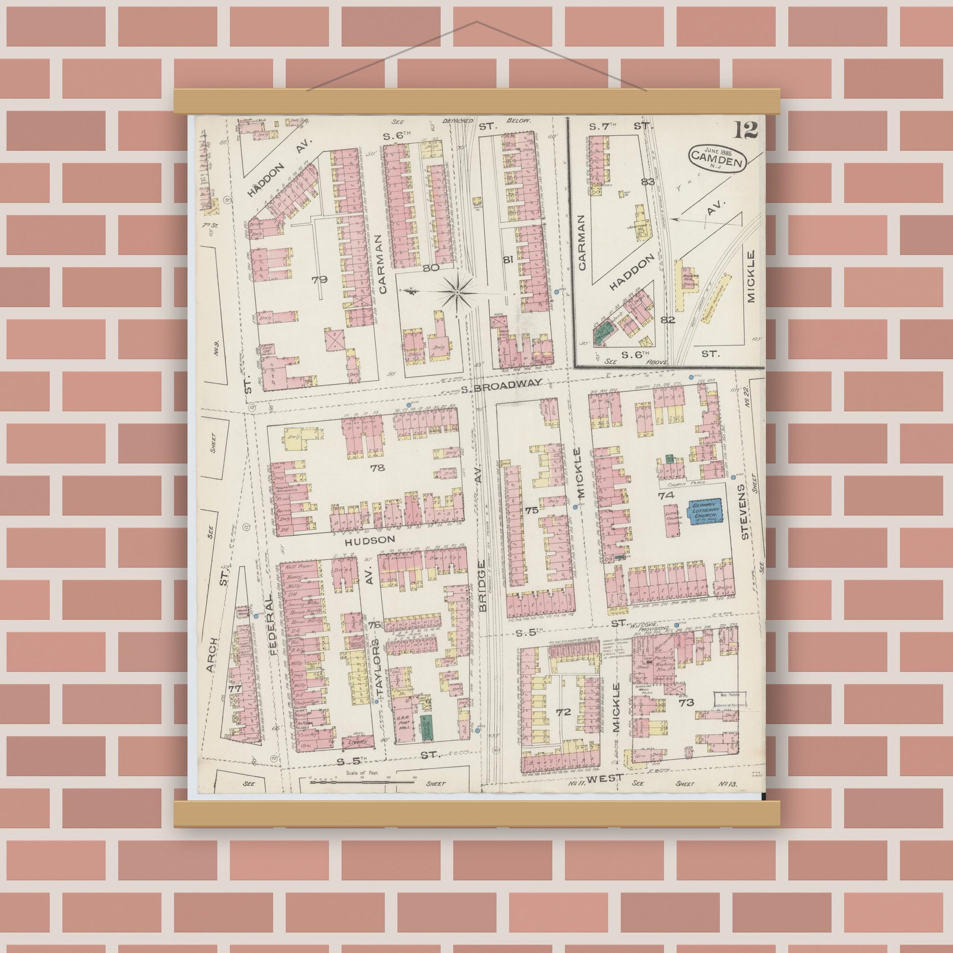 Old map wall art mockup — magnetic wood frame on brick wall — Sanborn Fire Insurance Map from Camden, Camden County, New Jersey (1885), Sheet #0012