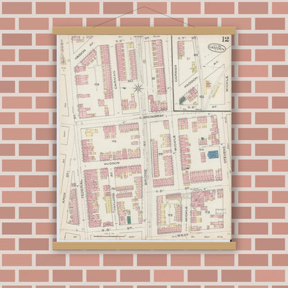 Old map wall art mockup — magnetic wood frame on brick wall — Sanborn Fire Insurance Map from Camden, Camden County, New Jersey (1885), Sheet #0012
