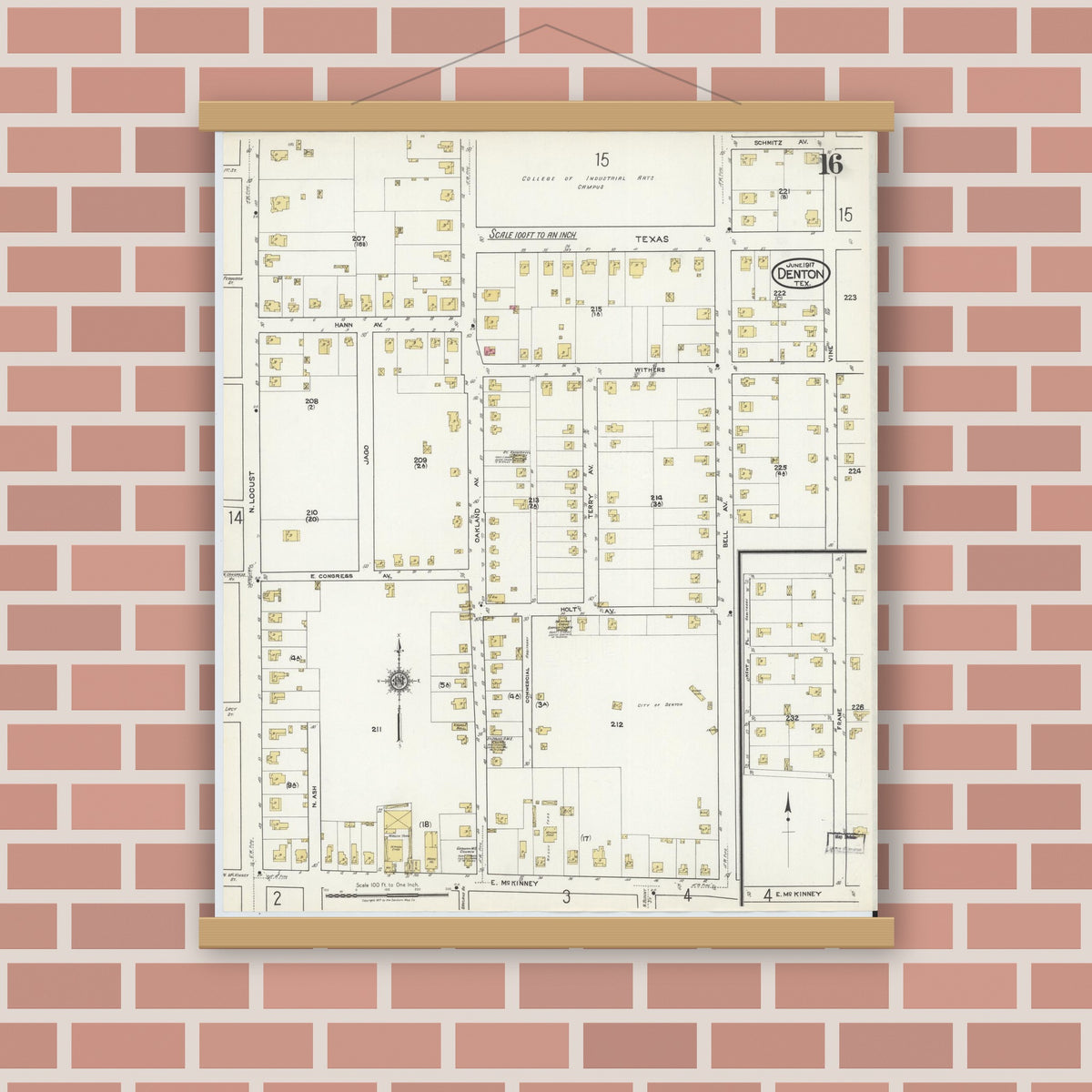 Old map wall art mockup — magnetic wood frame on brick wall — Sanborn Fire Insurance Map from Denton, Denton County, Texas (1917), Sheet #0016