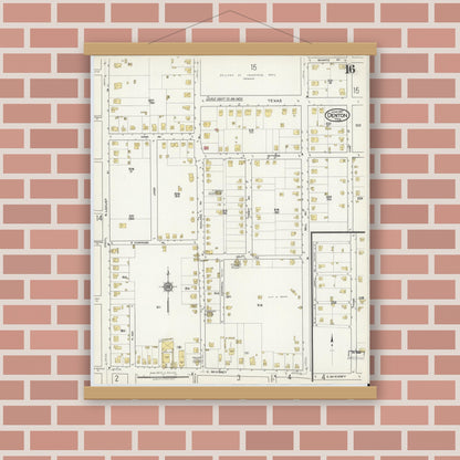 Old map wall art mockup — magnetic wood frame on brick wall — Sanborn Fire Insurance Map from Denton, Denton County, Texas (1917), Sheet #0016