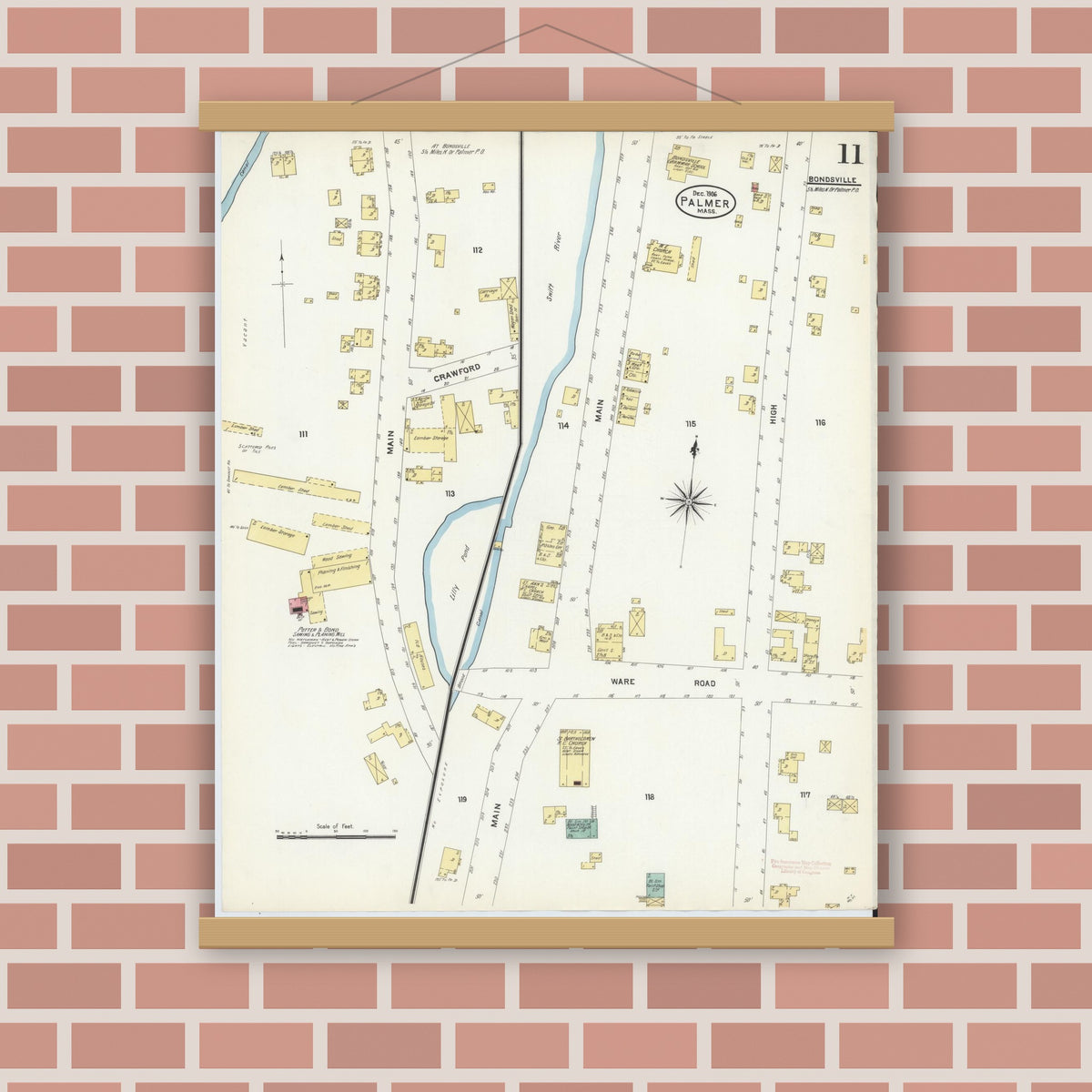 Old map wall art mockup — magnetic wood frame on brick wall — Sanborn Fire Insurance Map from Palmer, Hampden County, Massachusetts (1906), Sheet #0011