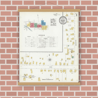 Old map wall art mockup — magnetic wood frame on brick wall — Sanborn Fire Insurance Map from Dundee, Yates County, New York (1904), Sheet #0001