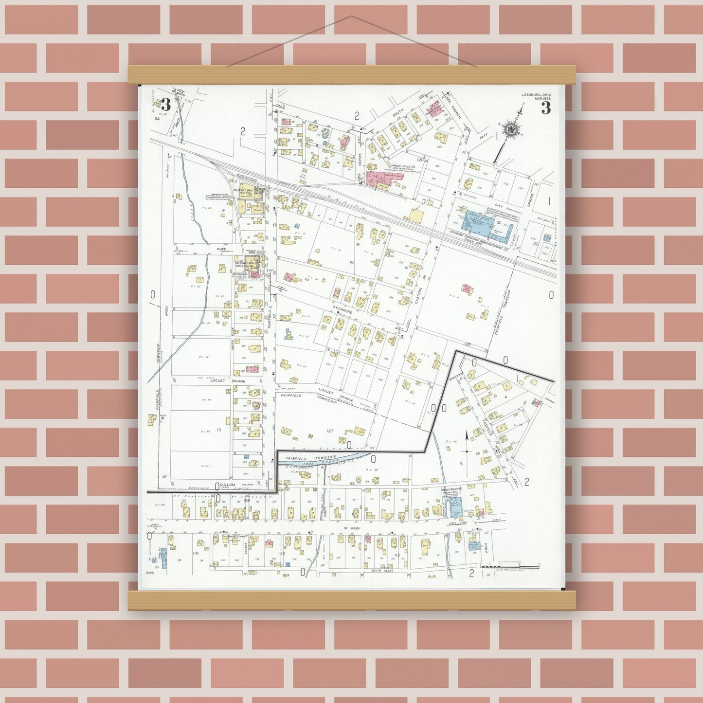 Old map wall art mockup — magnetic wood frame on brick wall — Sanborn Fire Insurance Map from Leesburg, Highland County, Ohio (1948), Sheet #0003