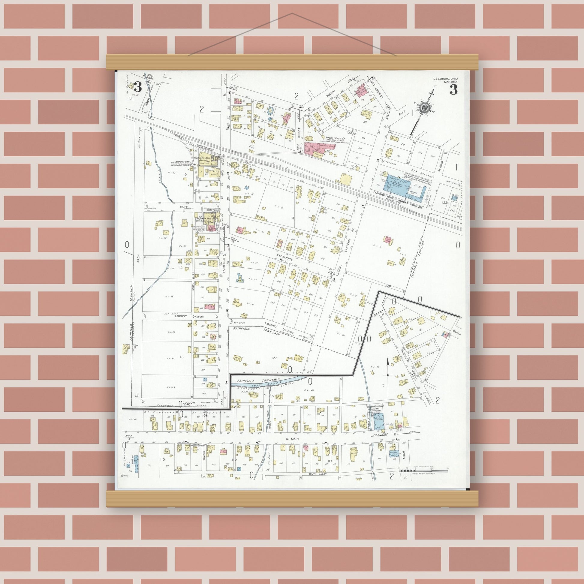 Old map wall art mockup — magnetic wood frame on brick wall — Sanborn Fire Insurance Map from Leesburg, Highland County, Ohio (1948), Sheet #0003