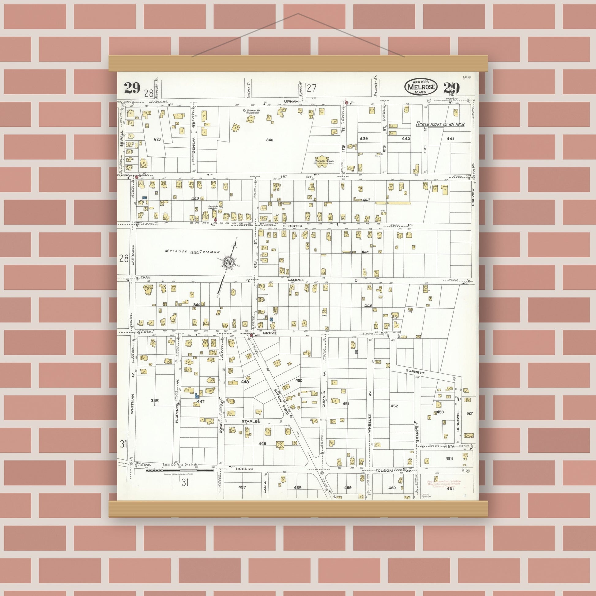 Old map wall art mockup — magnetic wood frame on brick wall — Sanborn Fire Insurance Map from Melrose, Middlesex County, Massachusetts (1923), Sheet #0029