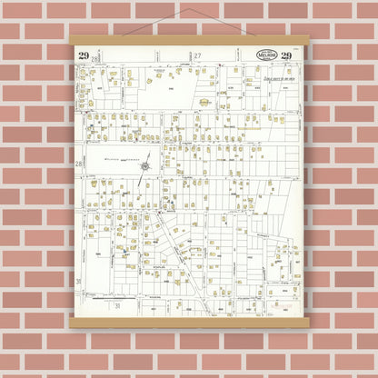 Old map wall art mockup — magnetic wood frame on brick wall — Sanborn Fire Insurance Map from Melrose, Middlesex County, Massachusetts (1923), Sheet #0029