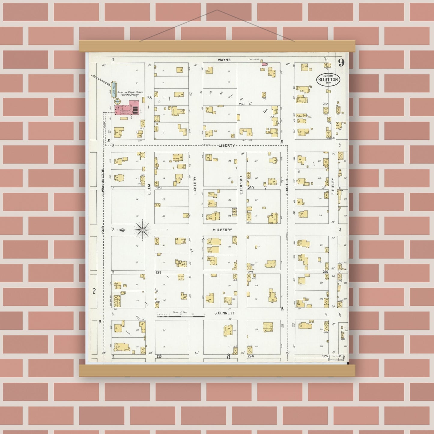 Old map wall art mockup — magnetic wood frame on brick wall — Sanborn Fire Insurance Map from Bluffton, Wells County, Indiana (1900), Sheet #0009