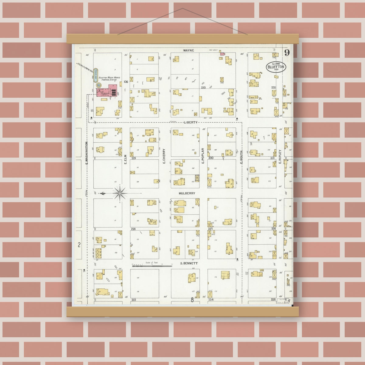 Old map wall art mockup — magnetic wood frame on brick wall — Sanborn Fire Insurance Map from Bluffton, Wells County, Indiana (1900), Sheet #0009