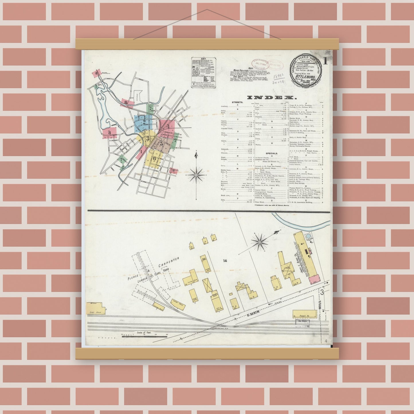 Old map wall art mockup — magnetic wood frame on brick wall — Sanborn Fire Insurance Map from Attleboro, Bristol County, Massachusetts (1899) - Complete Map Set