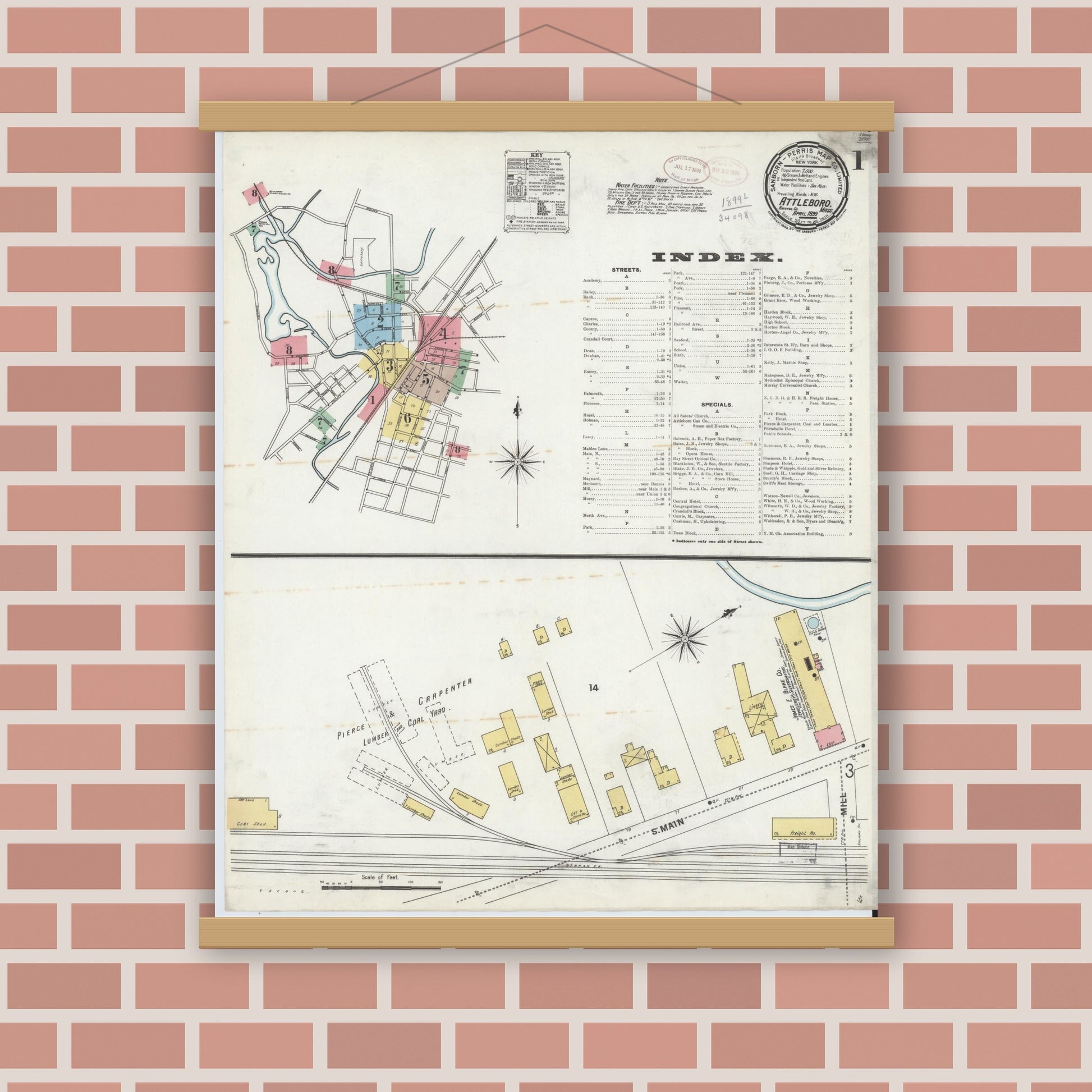 Old map wall art mockup — magnetic wood frame on brick wall — Sanborn Fire Insurance Map from Attleboro, Bristol County, Massachusetts (1899) - Complete Map Set
