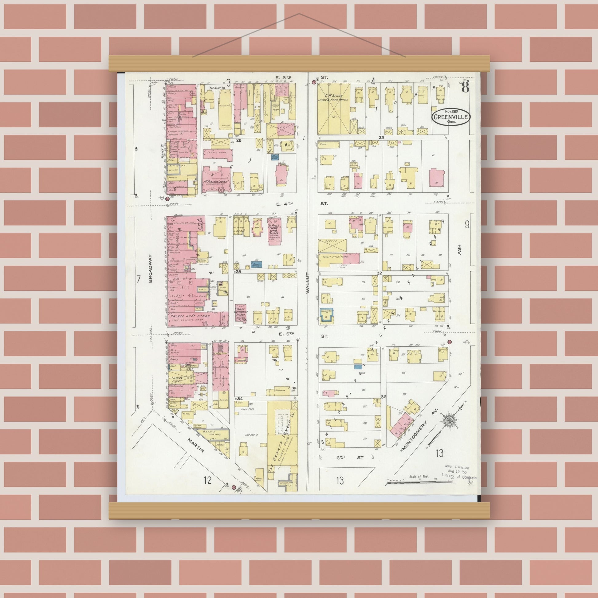 Old map wall art mockup — magnetic wood frame on brick wall — Sanborn Fire Insurance Map from Greenville, Darke County, Ohio (1910), Sheet #0008