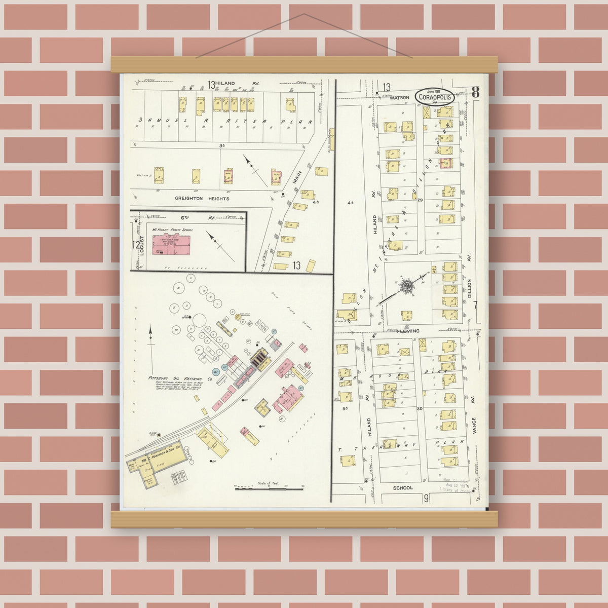 Old map wall art mockup — magnetic wood frame on brick wall — Sanborn Fire Insurance Map from Coraopolis, Allegheny County, Pennsylvania (1911), Sheet #0008
