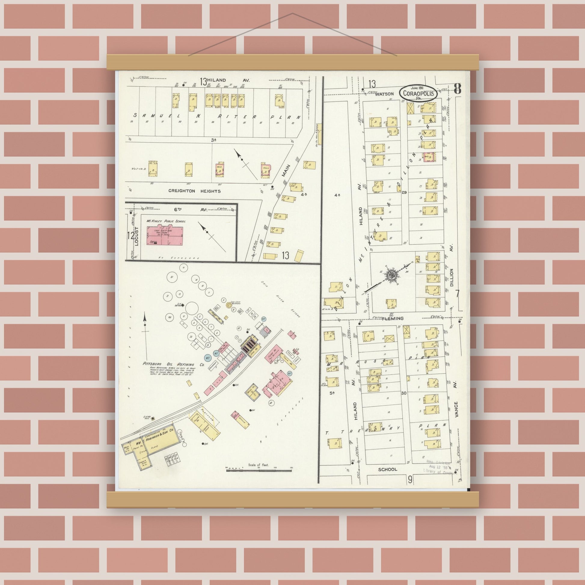 Old map wall art mockup — magnetic wood frame on brick wall — Sanborn Fire Insurance Map from Coraopolis, Allegheny County, Pennsylvania (1911), Sheet #0008