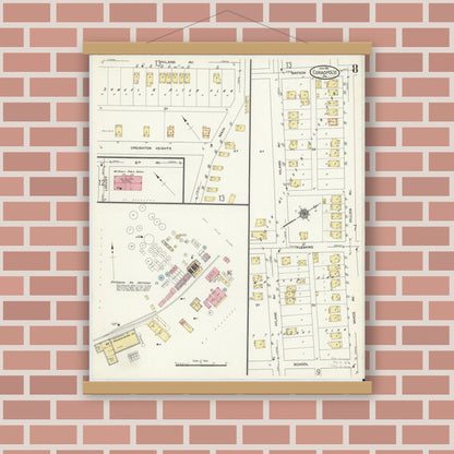 Old map wall art mockup — magnetic wood frame on brick wall — Sanborn Fire Insurance Map from Coraopolis, Allegheny County, Pennsylvania (1911), Sheet #0008