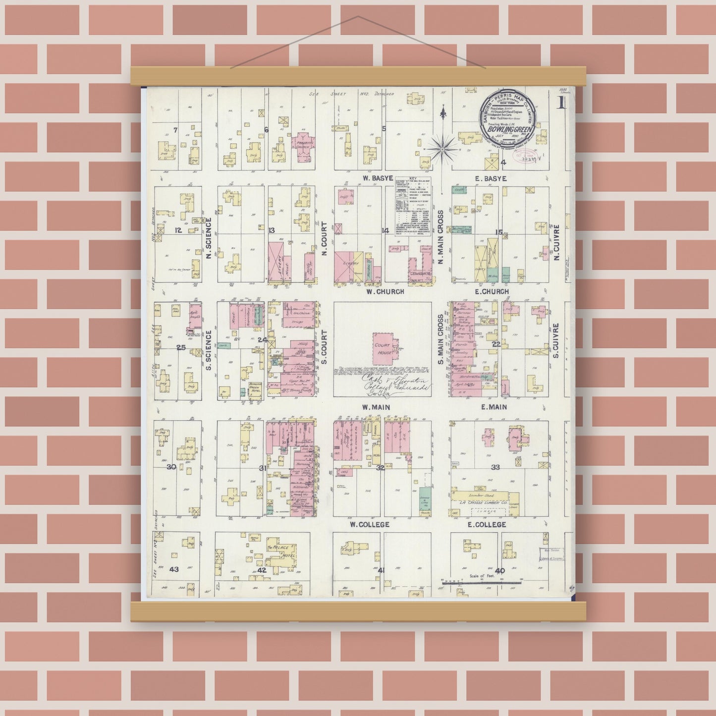Old map wall art mockup — magnetic wood frame on brick wall — Sanborn Fire Insurance Map from Bowling Green, Pike County, Missouri (1890) - Complete Map Set
