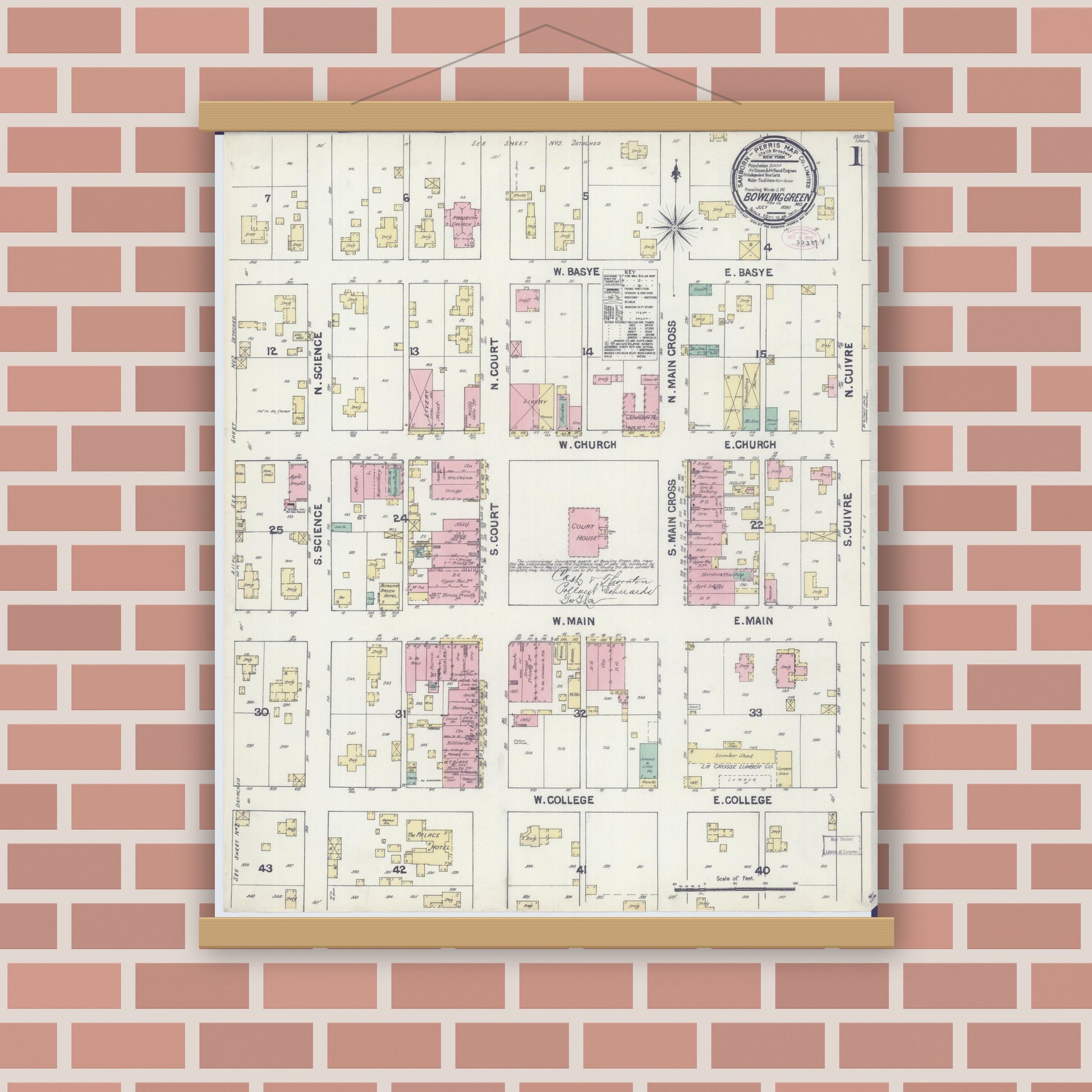 Old map wall art mockup — magnetic wood frame on brick wall — Sanborn Fire Insurance Map from Bowling Green, Pike County, Missouri (1890) - Complete Map Set