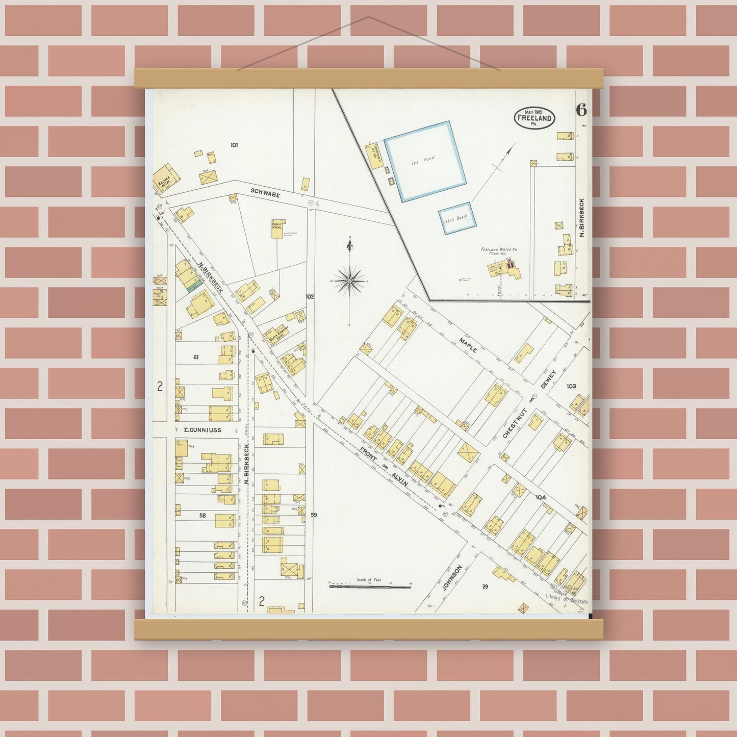 Old map wall art mockup — magnetic wood frame on brick wall — Sanborn Fire Insurance Map from Freeland, Luzerne County, Pennsylvania (1905), Sheet #0006