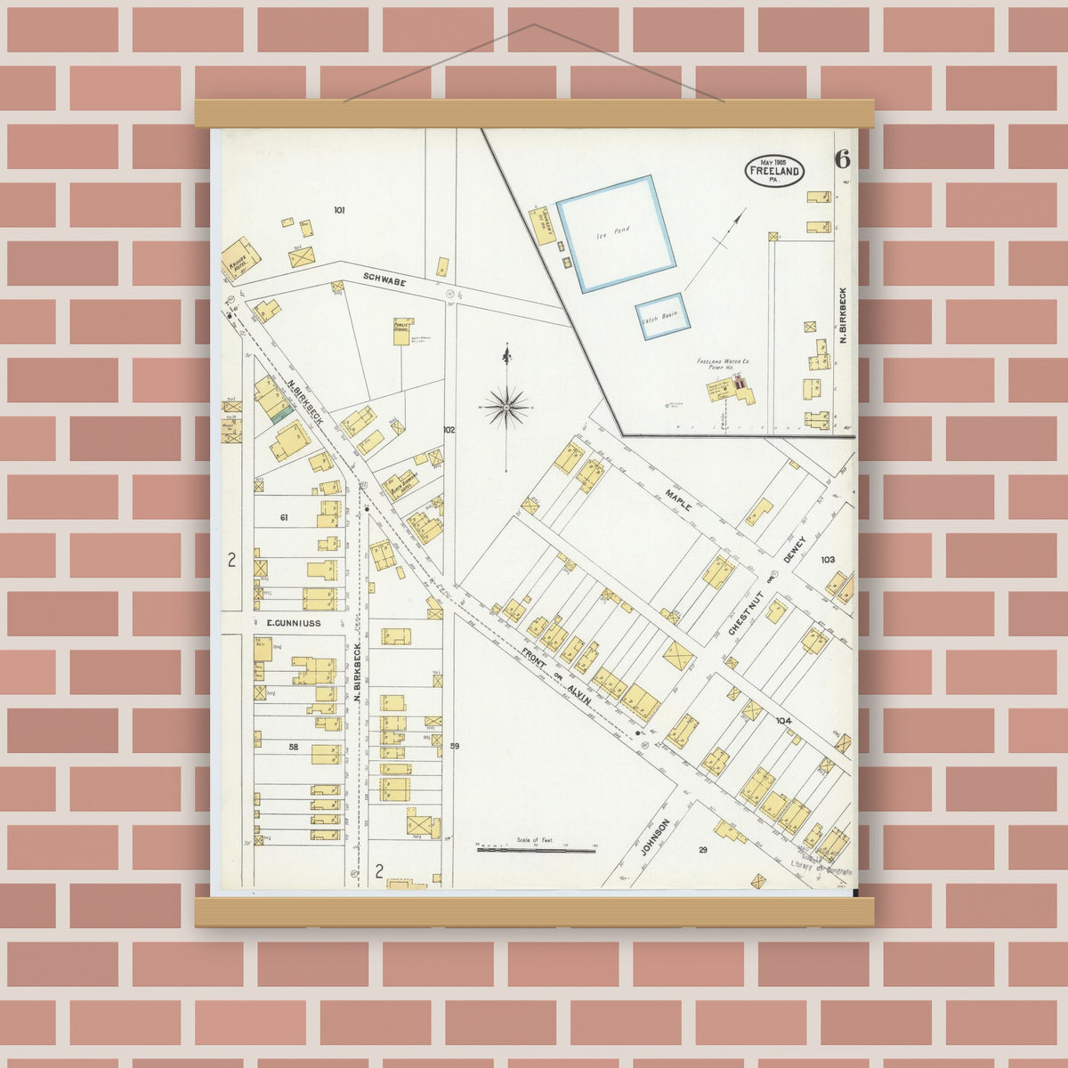 Old map wall art mockup — magnetic wood frame on brick wall — Sanborn Fire Insurance Map from Freeland, Luzerne County, Pennsylvania (1905), Sheet #0006