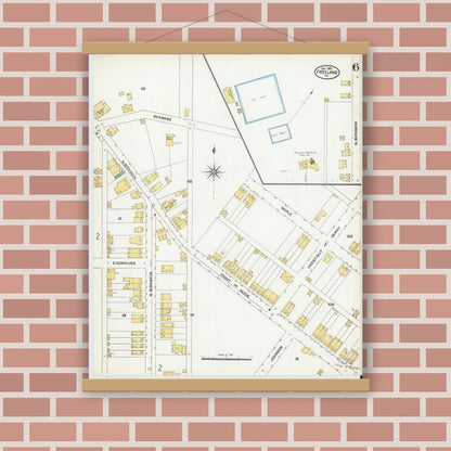 Old map wall art mockup — magnetic wood frame on brick wall — Sanborn Fire Insurance Map from Freeland, Luzerne County, Pennsylvania (1905), Sheet #0006