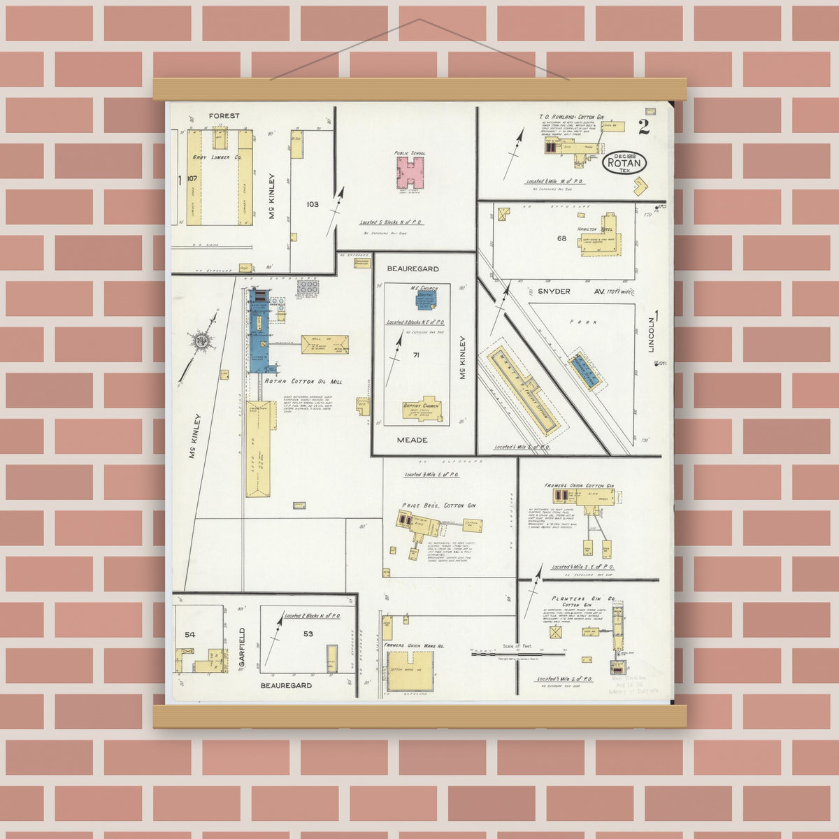 Old map wall art mockup — magnetic wood frame on brick wall — Sanborn Fire Insurance Map from Rotan, Fisher County, Texas (1919), Sheet #0002