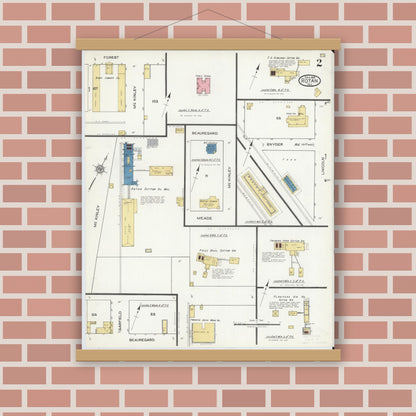 Old map wall art mockup — magnetic wood frame on brick wall — Sanborn Fire Insurance Map from Rotan, Fisher County, Texas (1919), Sheet #0002