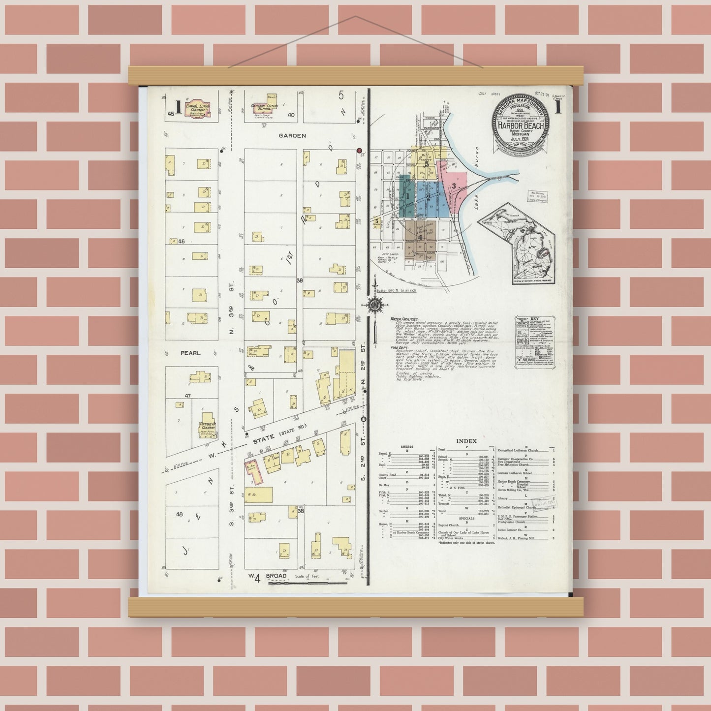 Old map wall art mockup — magnetic wood frame on brick wall — Sanborn Fire Insurance Map from Harbor Beach, Huron County, Michigan (1924) - Complete Map Set