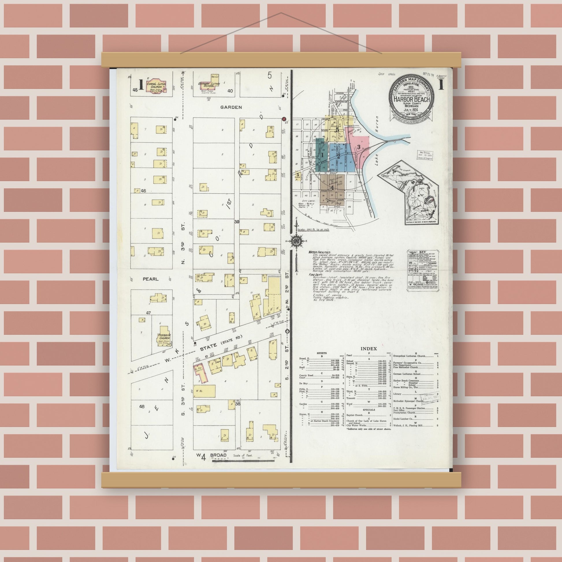 Old map wall art mockup — magnetic wood frame on brick wall — Sanborn Fire Insurance Map from Harbor Beach, Huron County, Michigan (1924) - Complete Map Set