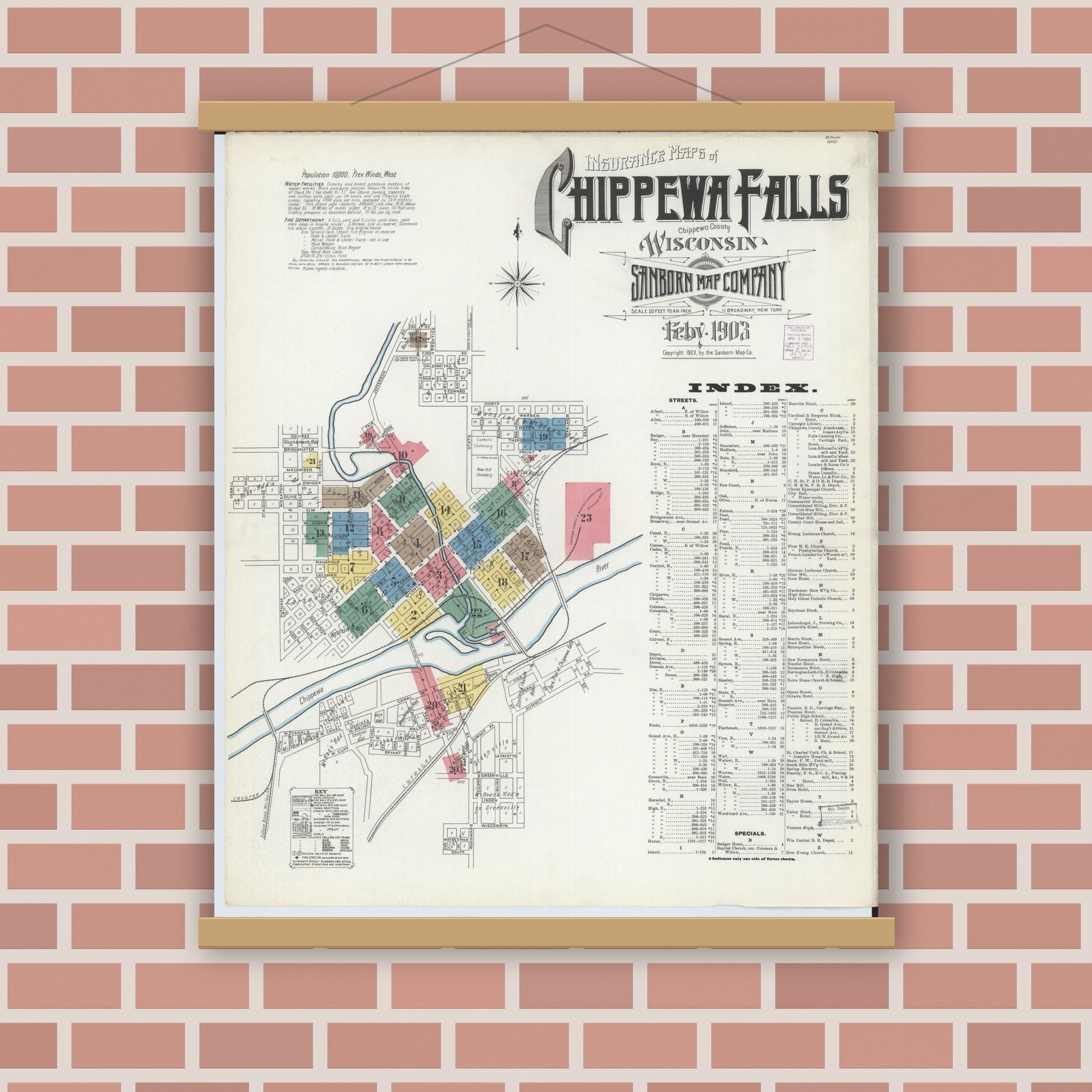 Old map wall art mockup — magnetic wood frame on brick wall — Sanborn Fire Insurance Map from Chippewa Falls, Chippewa County, Wisconsin (1903) - Complete Map Set