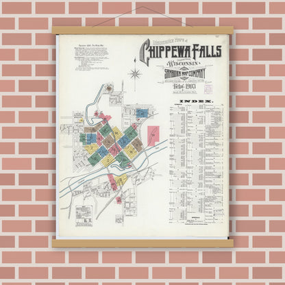 Old map wall art mockup — magnetic wood frame on brick wall — Sanborn Fire Insurance Map from Chippewa Falls, Chippewa County, Wisconsin (1903) - Complete Map Set