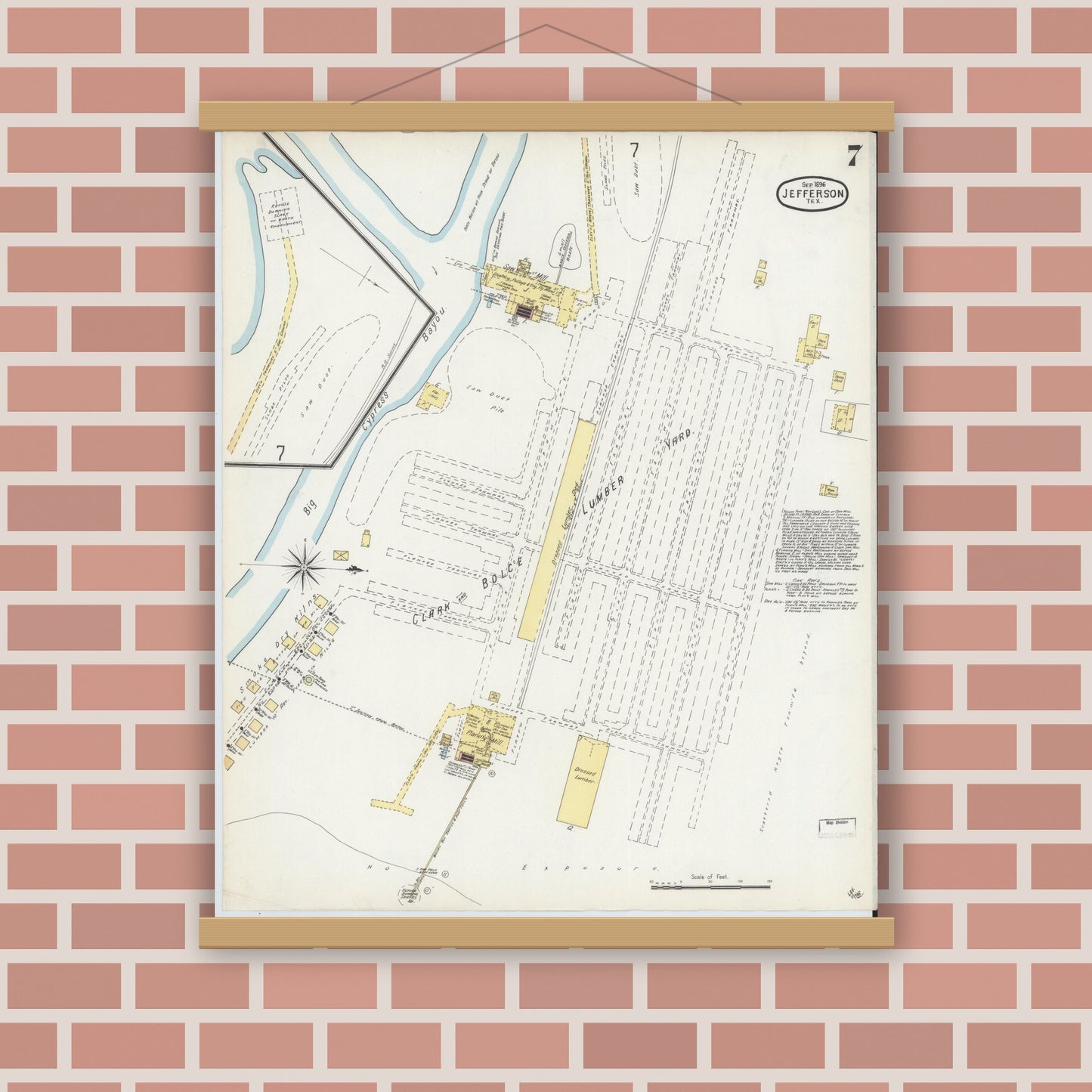 Old map wall art mockup — magnetic wood frame on brick wall — Sanborn Fire Insurance Map from Jefferson, Marion County, Texas (1896), Sheet #0007