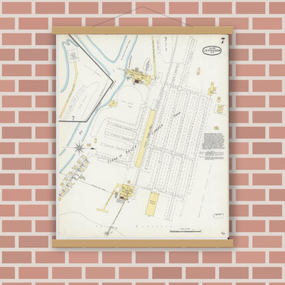 Old map wall art mockup — magnetic wood frame on brick wall — Sanborn Fire Insurance Map from Jefferson, Marion County, Texas (1896), Sheet #0007
