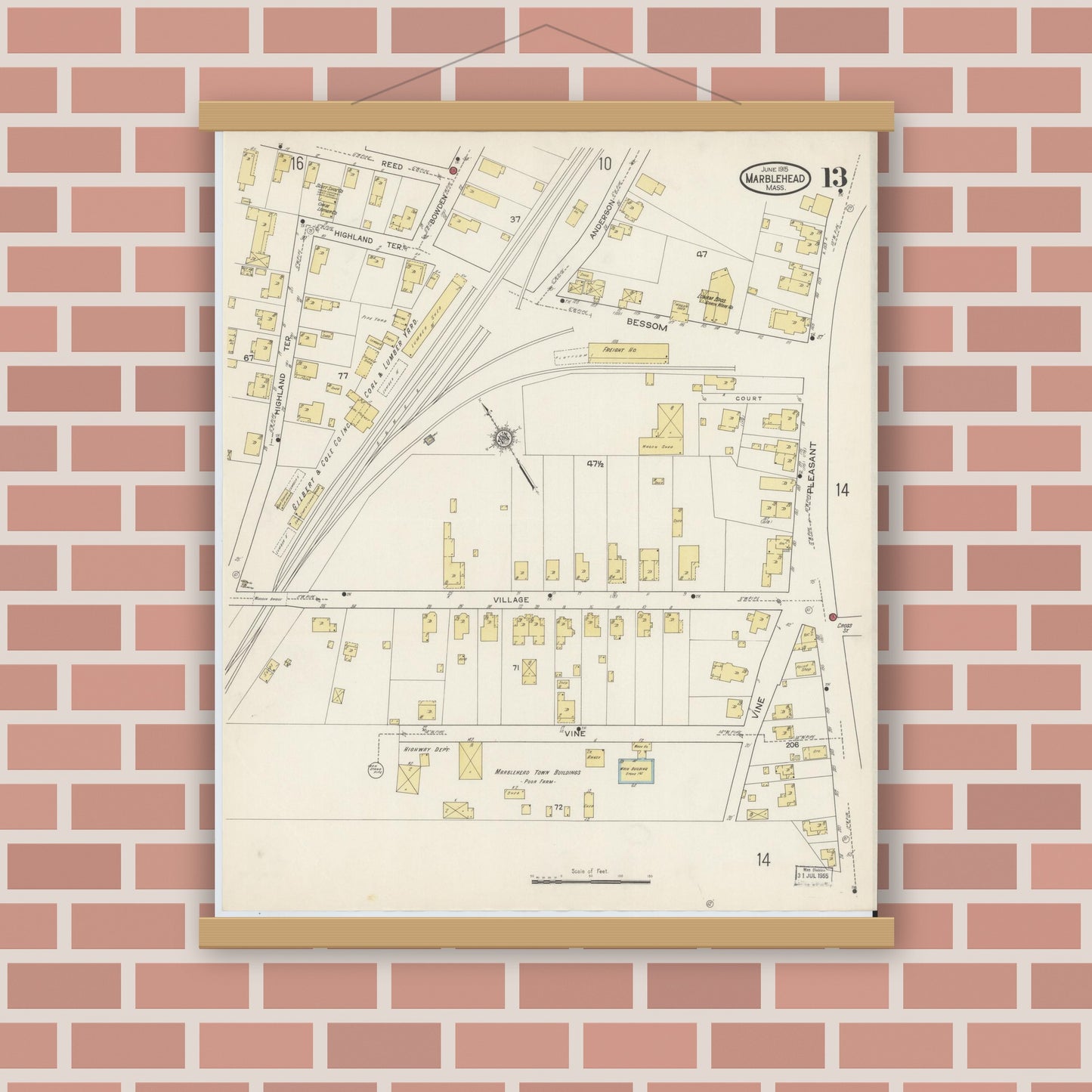 Old map wall art mockup — magnetic wood frame on brick wall — Sanborn Fire Insurance Map from Marblehead, Essex County, Massachusetts (1915), Sheet #0013