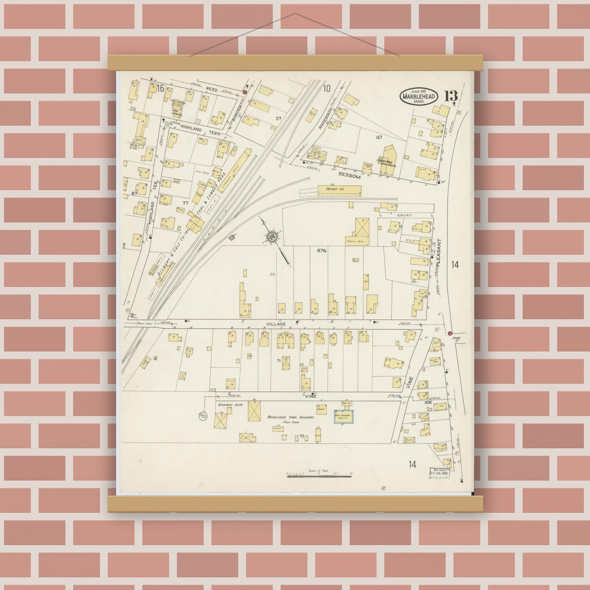 Old map wall art mockup — magnetic wood frame on brick wall — Sanborn Fire Insurance Map from Marblehead, Essex County, Massachusetts (1915), Sheet #0013