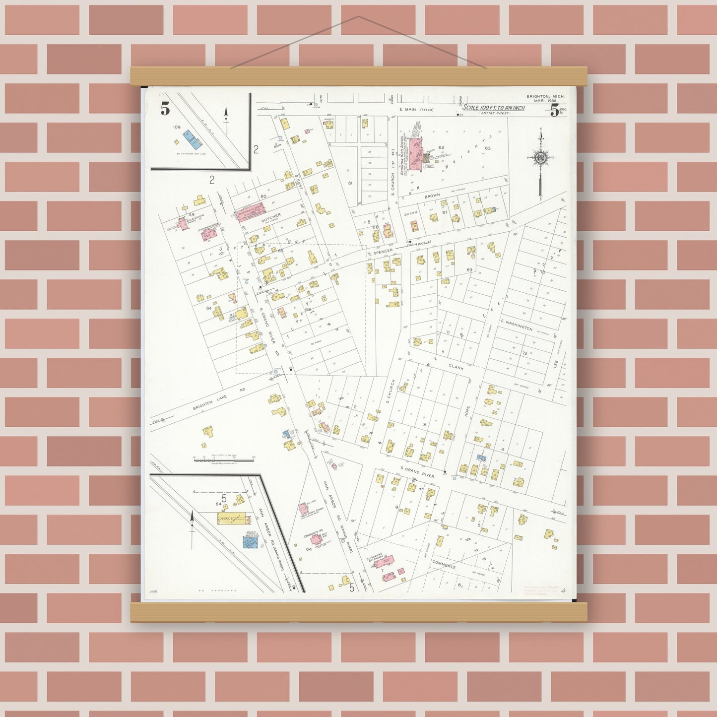 Old map wall art mockup — magnetic wood frame on brick wall — Sanborn Fire Insurance Map from Brighton, Livington County, Michigan (1938), Sheet #0005