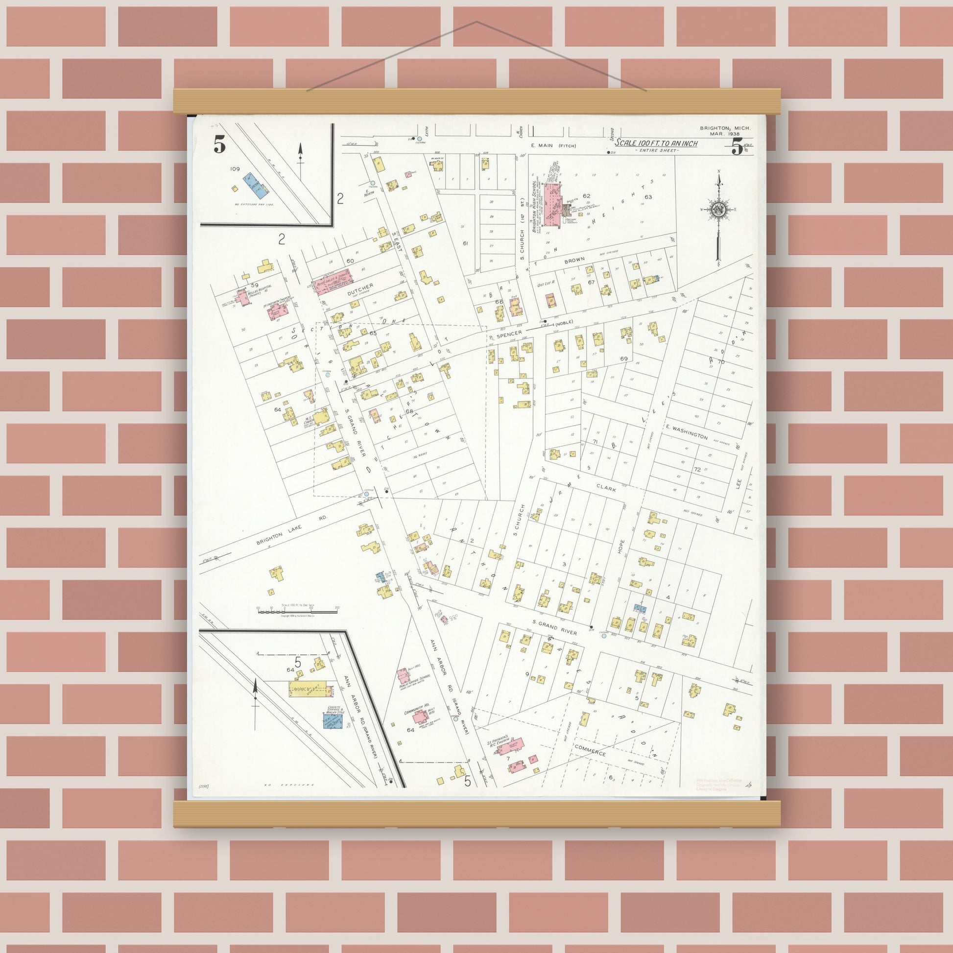 Old map wall art mockup — magnetic wood frame on brick wall — Sanborn Fire Insurance Map from Brighton, Livington County, Michigan (1938), Sheet #0005