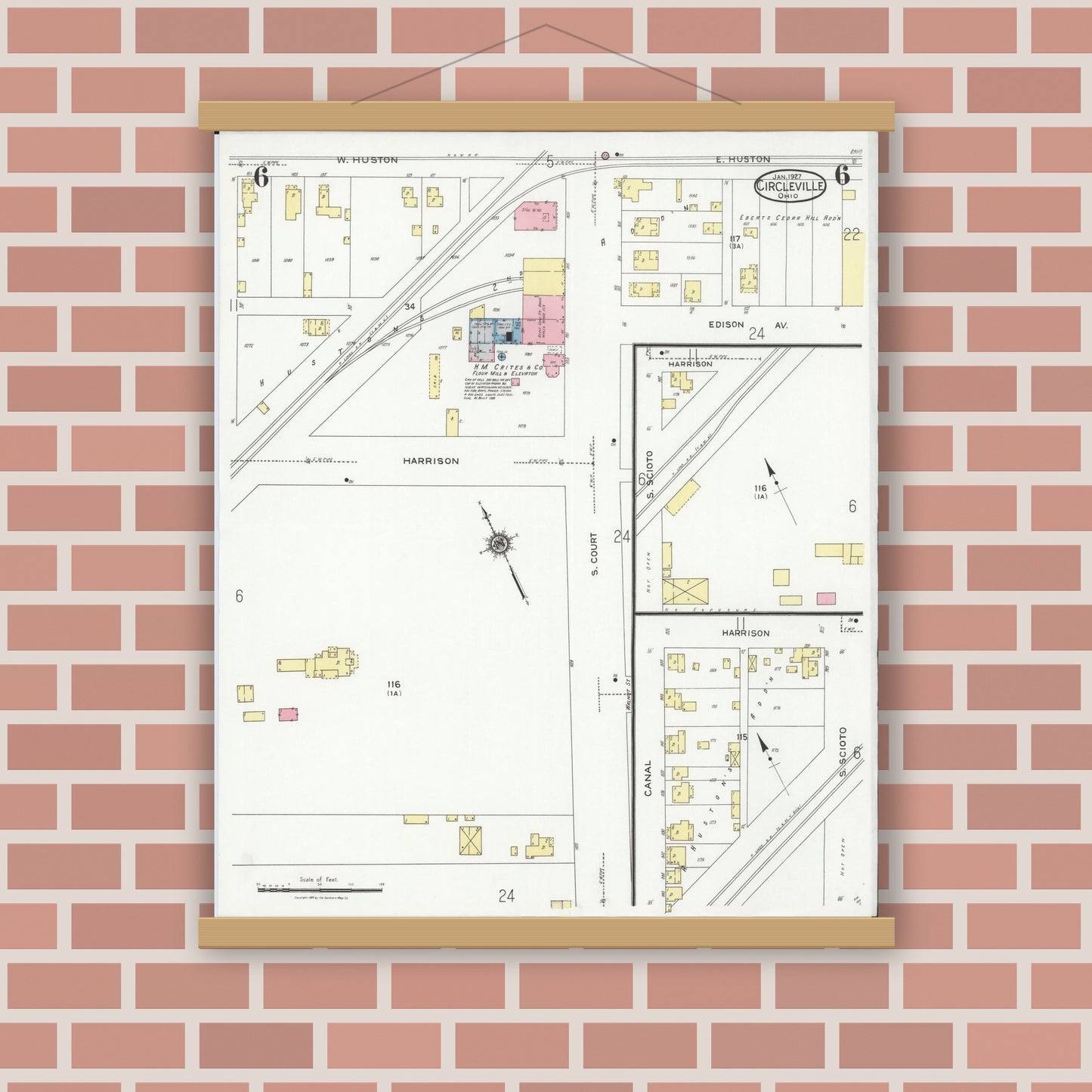 Old map wall art mockup — magnetic wood frame on brick wall — Sanborn Fire Insurance Map from Circleville, Pickaway County, Ohio (1927), Sheet #0006
