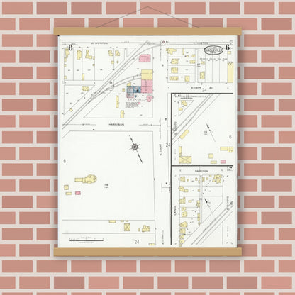 Old map wall art mockup — magnetic wood frame on brick wall — Sanborn Fire Insurance Map from Circleville, Pickaway County, Ohio (1927), Sheet #0006