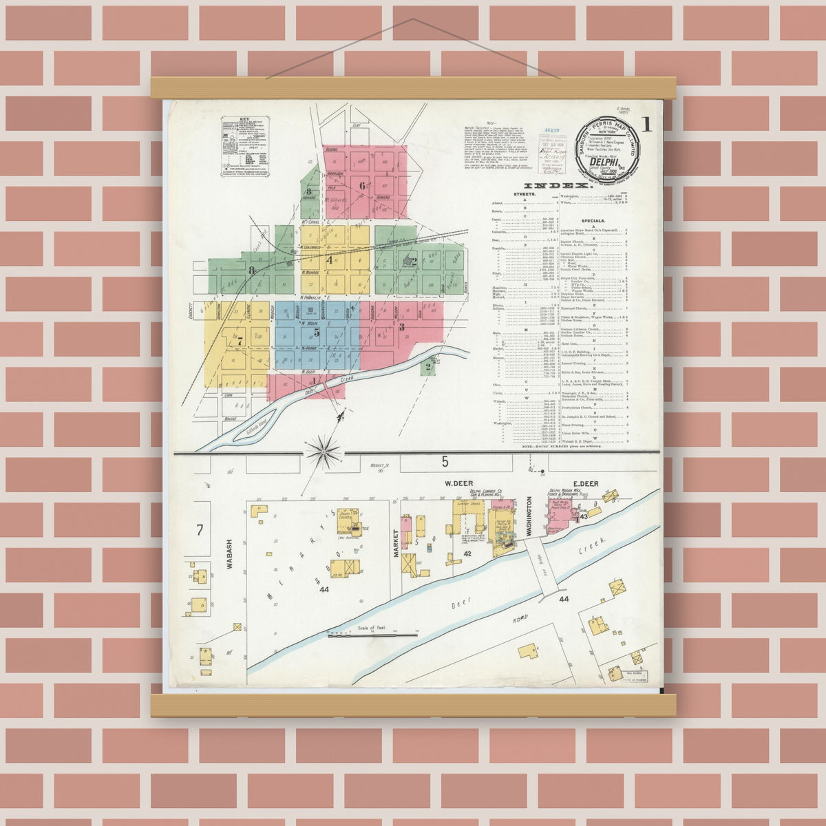 Old map wall art mockup — magnetic wood frame on brick wall — Sanborn Fire Insurance Map from Delphi, Carroll County, Indiana (1900) - Complete Map Set