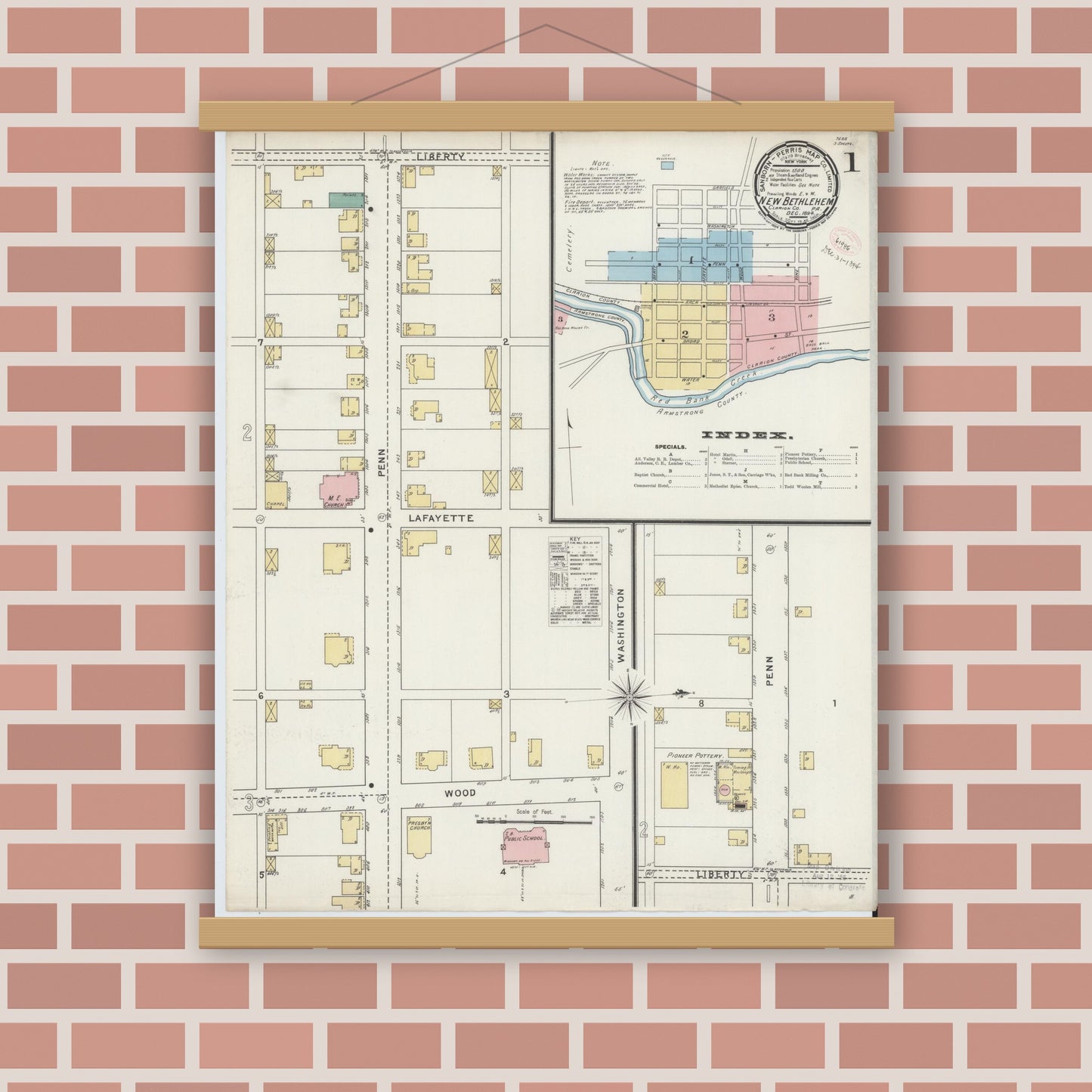 Old map wall art mockup — magnetic wood frame on brick wall — Sanborn Fire Insurance Map from New Bethlehem, Clarion County, Pennsylvania (1894) - Complete Map Set