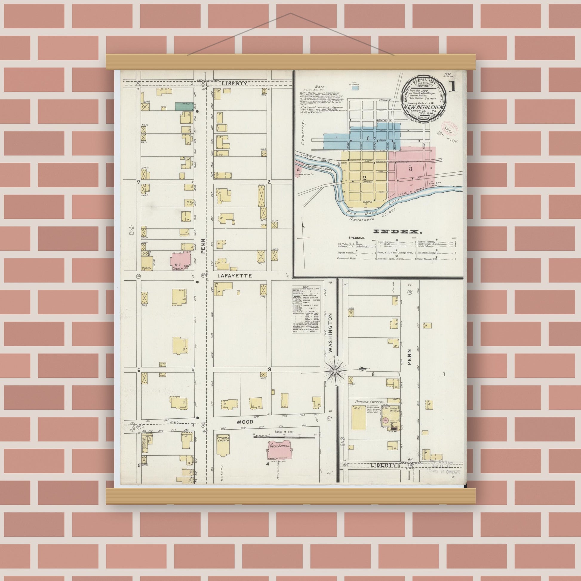 Old map wall art mockup — magnetic wood frame on brick wall — Sanborn Fire Insurance Map from New Bethlehem, Clarion County, Pennsylvania (1894) - Complete Map Set