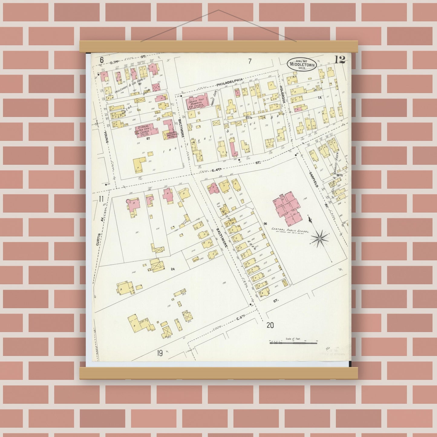 Old map wall art mockup — magnetic wood frame on brick wall — Sanborn Fire Insurance Map from Middletown, Butler County, Ohio (1907), Sheet #0012