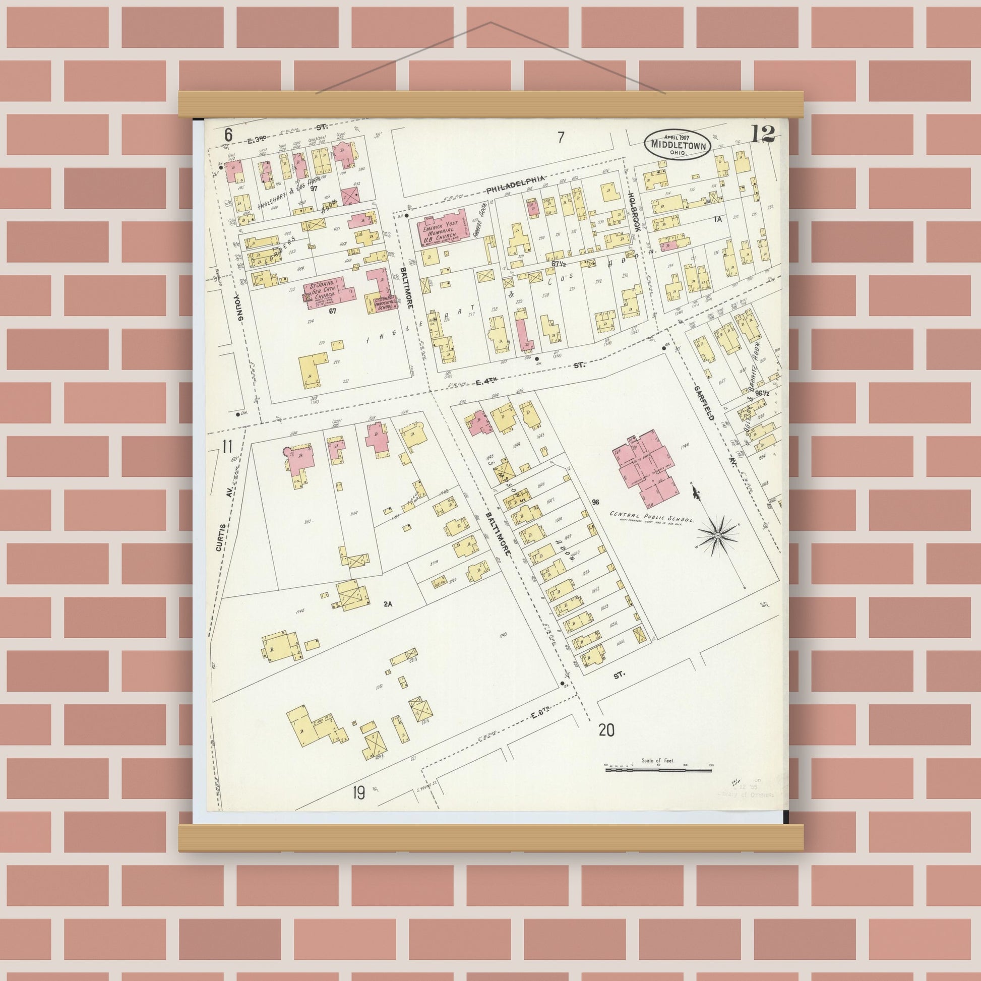 Old map wall art mockup — magnetic wood frame on brick wall — Sanborn Fire Insurance Map from Middletown, Butler County, Ohio (1907), Sheet #0012