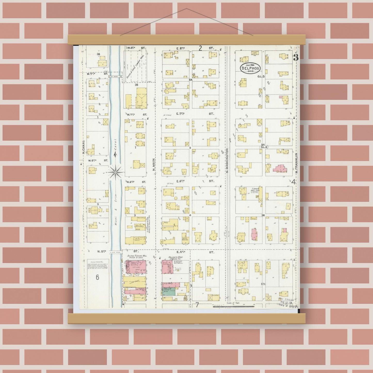 Old map wall art mockup — magnetic wood frame on brick wall — Sanborn Fire Insurance Map from Delphos, Van Wert And Allen Counties, Ohio (1904), Sheet #0003