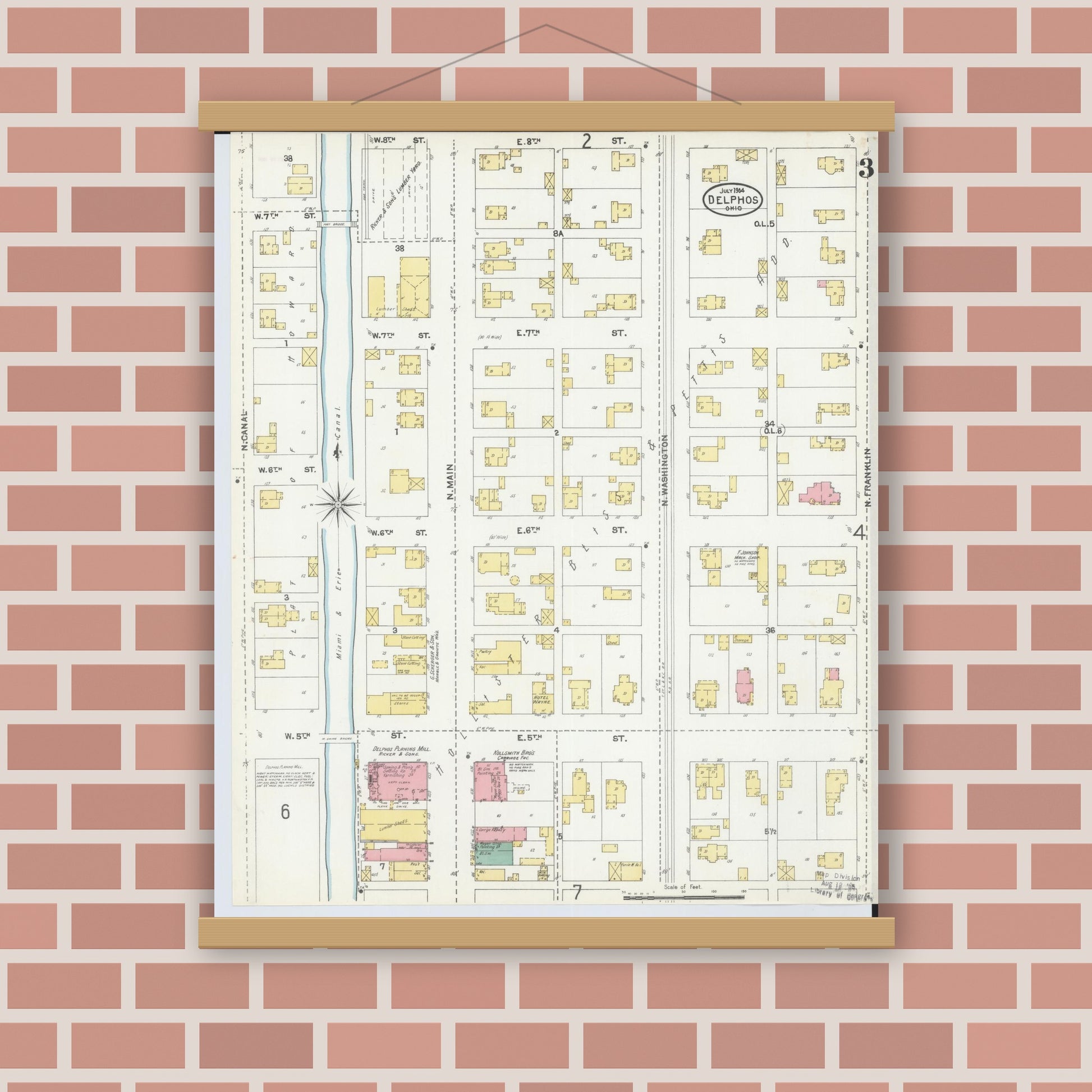 Old map wall art mockup — magnetic wood frame on brick wall — Sanborn Fire Insurance Map from Delphos, Van Wert And Allen Counties, Ohio (1904), Sheet #0003