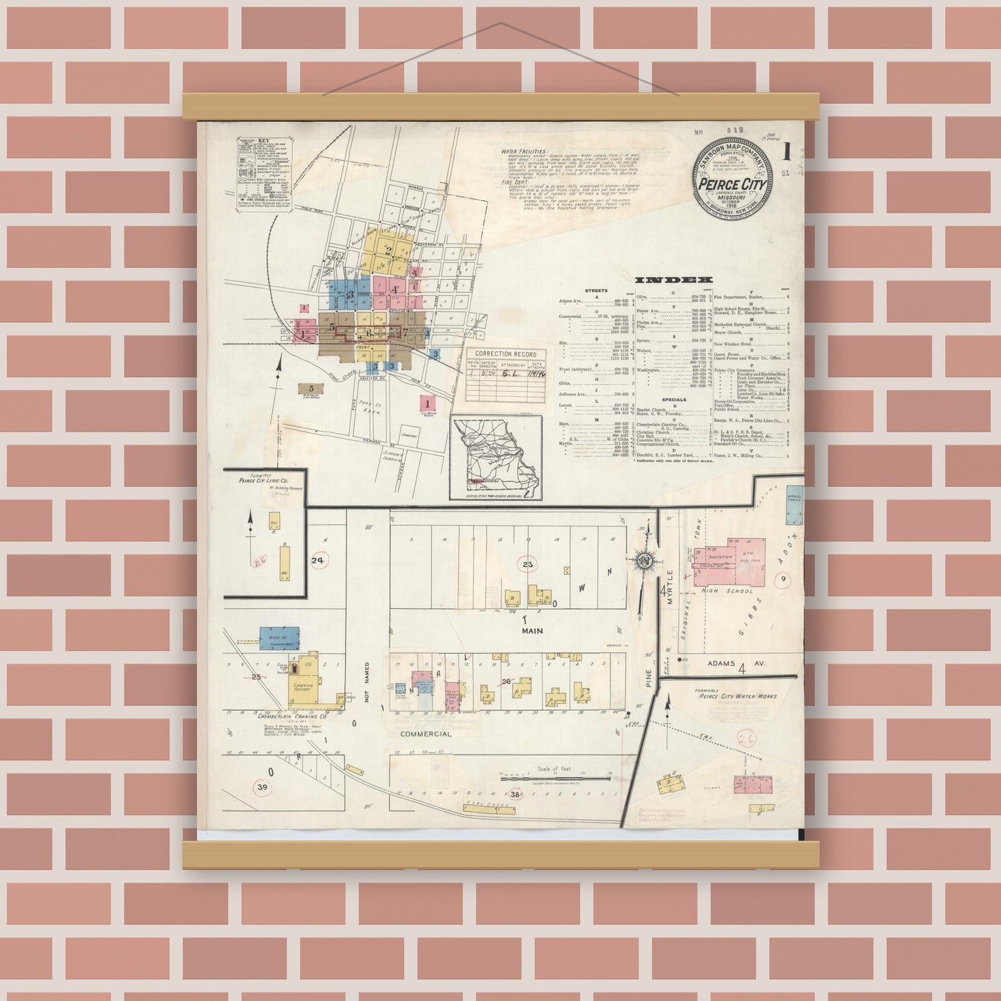Old map wall art mockup — magnetic wood frame on brick wall — Sanborn Fire Insurance Map from Pierce City, Lawrence County, Missouri (1936) - Complete Map Set