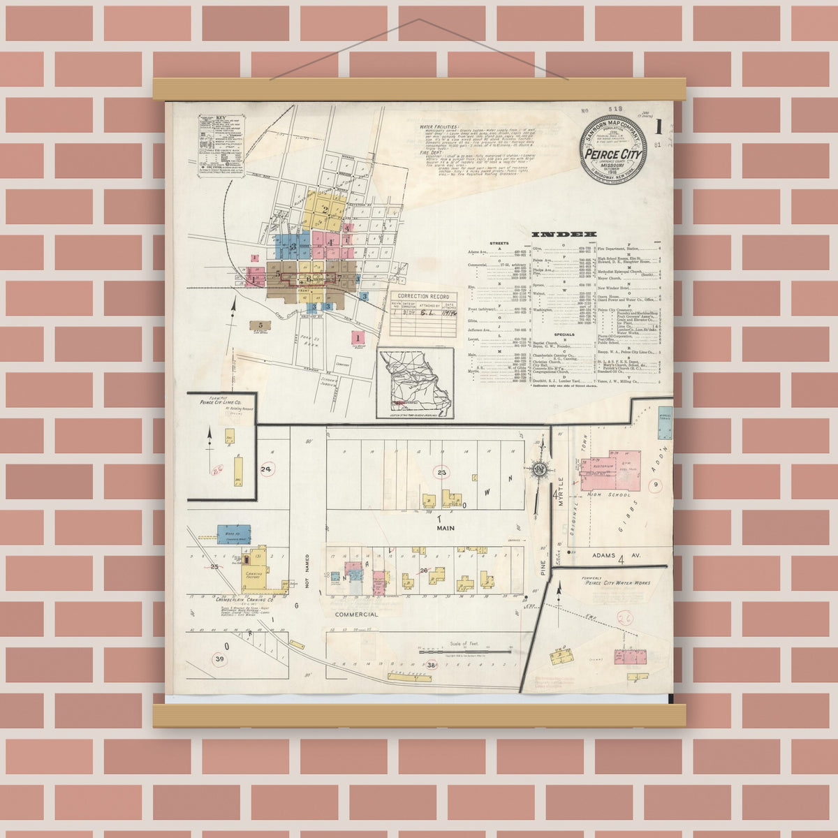 Old map wall art mockup — magnetic wood frame on brick wall — Sanborn Fire Insurance Map from Pierce City, Lawrence County, Missouri (1936) - Complete Map Set