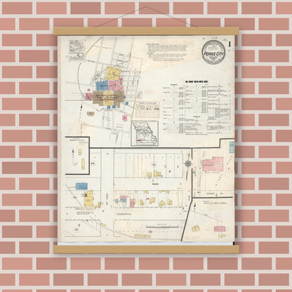 Old map wall art mockup — magnetic wood frame on brick wall — Sanborn Fire Insurance Map from Pierce City, Lawrence County, Missouri (1936) - Complete Map Set