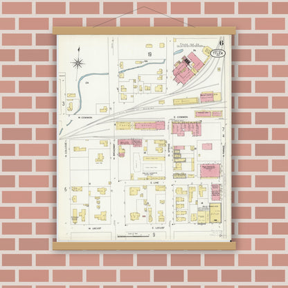 Old map wall art mockup — magnetic wood frame on brick wall — Sanborn Fire Insurance Map from Tyler, Smith County, Texas (1907), Sheet #0006