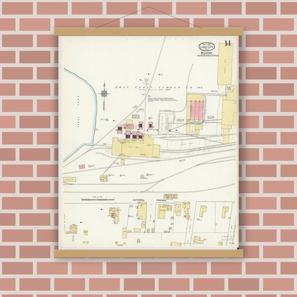 Old map wall art mockup — magnetic wood frame on brick wall — Sanborn Fire Insurance Map from Lake City, Columbia County, Florida (1912), Sheet #0014